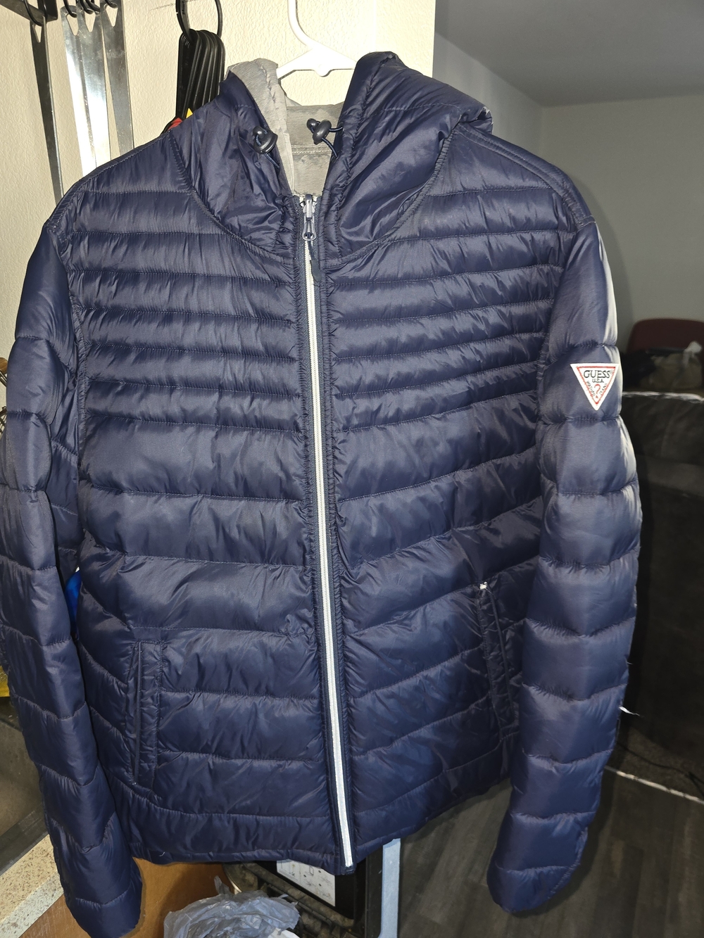 Guess Men's Navy Quilted Hooded Puffer Jacket